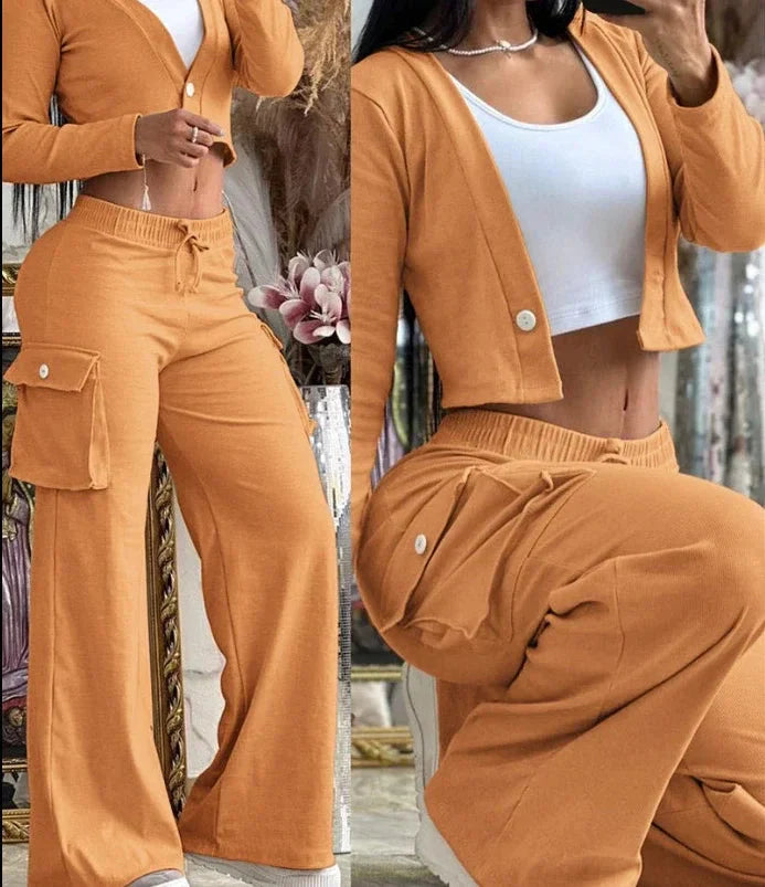 Conjunto de calças e cardigã de manga comprida feminino, casacos elegantes, calças com cordão, terno monocromático, casacos para outono, moda, 2 peças, 2023 Importe Go D M 