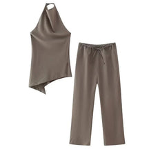 TRAFZA-Camis Top feminino sem costas compridas, calça reta de perna larga, conjunto de calças femininas, cintura elástica, sexy, nova moda, 2022 Importe Go Brown Suit XS 